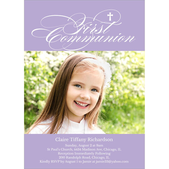 Purple First Communion Photo Invitations